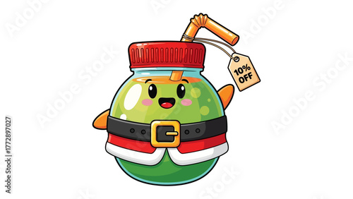 Festive Juice Character with Sale Tag: A cheerful cartoon juice character, adorned in a festive outfit, cheerfully displays a sale tag, embodying the essence of refreshing deals and holiday spirit.