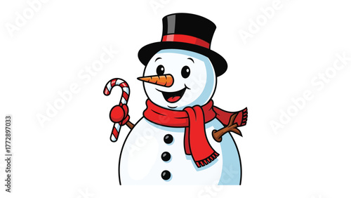 Festive Snowman: A jovial snowman, adorned with a top hat, carrot nose, and a cheerful scarf, holds a candy cane, embodying the whimsical spirit of winter.