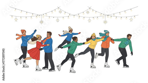 Skating merriment: A vibrant illustration shows people ice skating under the fairy lights, which can evoke a sense of joy and warmth. The diverse group glides gracefully across the ice.