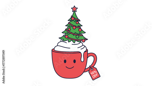 Festive Brew: A whimsical Christmas tree crowns a steaming mug of hot chocolate, adorned with creamy whipped topping, a tag indicating a discount, and charming cheerful expression.
