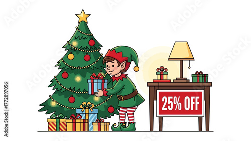 Festive Season Discounts: An elf, in the spirit of Christmas, carefully places a gift box beside a Christmas tree. with presents and the discount sign indicating the sale.