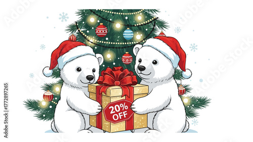 Holiday Gift of Cheer: Two adorable polar bears, each donning a Santa hat, exchange a beautifully wrapped gift adorned with a festive red bow in front of a twinkling Christmas tree.