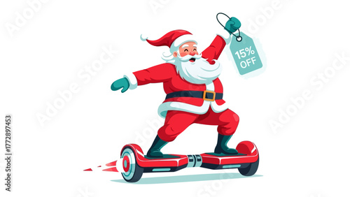 Santa's Holiday Ride with Discount Tag: Santa Claus, a jovial figure, navigates a hoverboard, holding up a tag. The tag suggests the offer of 15% off during the christmas season.