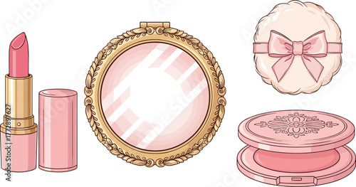 Illustration of pink lipstick, ornate mirror, powder puff, and blush compact on transparent background