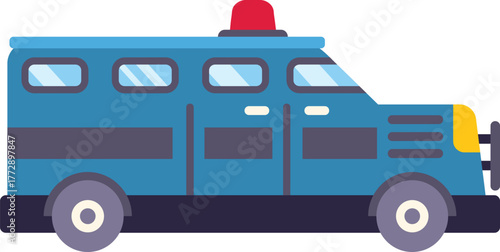 Blue armored police van transporting criminals with siren light on top