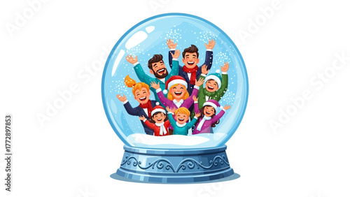 Family's Festive Frolic in Snow Globe: Capturing the spirit of holiday fun, a diverse family joyfully embraces the winter season inside a whimsical snow globe.