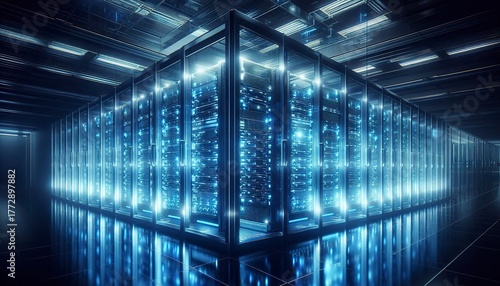 futuristic server room glowing with blue lights, reflections on glass panels, data center