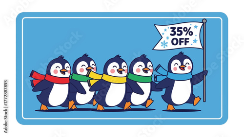 Penguin Parade with Discount Banner: A cheerful group of penguins march in a procession, one proudly leading the way with a banner showcasing a generous discount.
