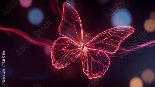 Futuristic Luminous Butterfly with Digital Wireframe Wings, Abstract Neon Light Trail, and Bokeh Effect Background