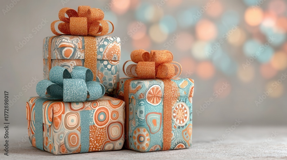Fototapeta premium retro christmas concept. Colorful gift boxes adorned with bows on a blurred background.