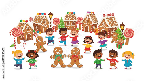 Gingerbread Village: Joyful children gather around a whimsical gingerbread village. The scene evokes the magic and delight of the holiday season, complete with candy canes, gingerbread people.