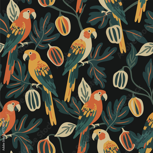 Colorful tropical bird pattern with vibrant parrots, deep green leaves, and ripe fruits on dark background, perfect for textile and digital designs, evoking an exotic jungle atmosphere