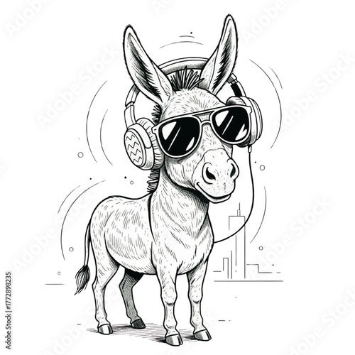 Cool Donkey with Headphones and Sunglasses Cartoon Drawing