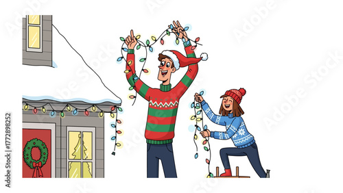 Festive Decor: A couple work in harmony, adorning their home with Christmas lights, as they work to bring warmth to the winter season and evoke the holiday spirit.