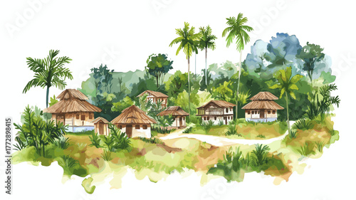 Cacao Hmong Village. Cacao Hmong Village hand drawn watercolor illustration
