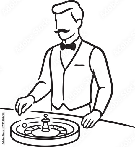 Croupier at roulette table — line art