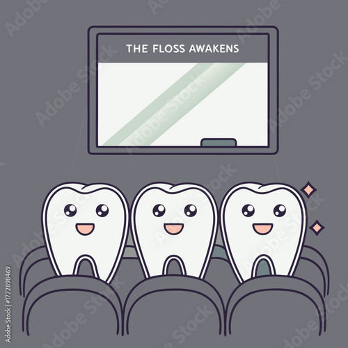 A group of teeth sitting in a movie theater watching “The Floss Awakens.”