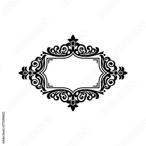 An ornate black frame with flourishes and a central rectangular space