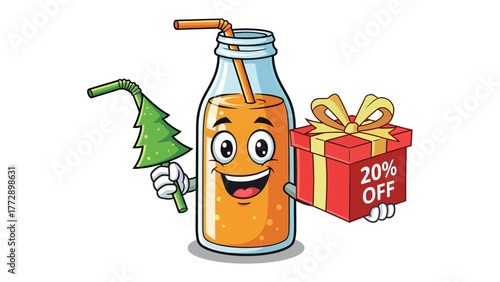 Festive Beverage Delight: A cheerful cartoon illustration presents an animated juice bottle, clutching a festive tree and a gift box promising a discount, celebrating cheer and offers.