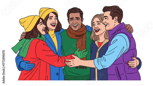 Harmony in Union: A circle of friends embraces in a vibrant display of camaraderie. Their faces beam with joy, creating a warm atmosphere of unity and support. 