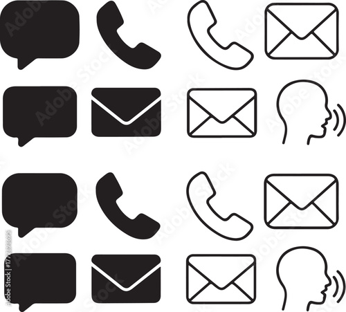 Isolated communication icon set, message call email talk symbols, editable vector art, office and chat icons for messaging, email, phone, and communication buyers