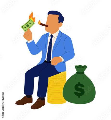 Wealthy Businessman Burning Money – Luxury Waste & Arrogance Concept