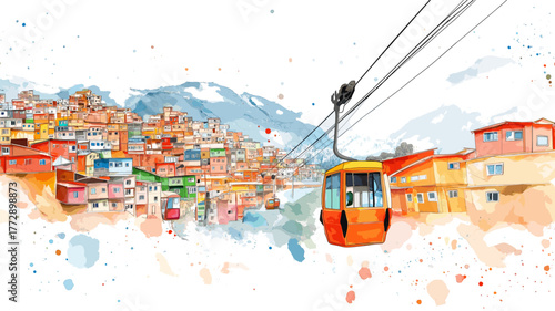 La Paz Cable Cars and Witches Market. La Paz Cable Cars and Witches Market hand drawn watercolor illustration