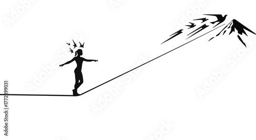 Silhouette of a person balancing on a tightrope, with birds flying away from a burst of light.