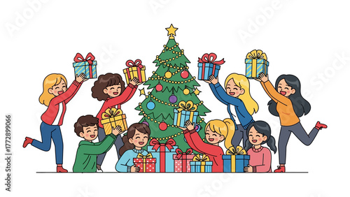 Christmas Cheer and Festive Gifting: A cheerful assembly of children and adults gathers around a beautifully adorned Christmas tree, embracing the joyous tradition of exchanging colorful gift boxes.