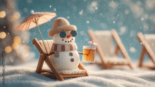 tropical christmas concept. Snowman relaxing with a drink on a beach chair in winter setting.