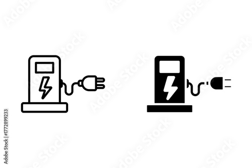 Car charging point icon png. Electric plug symbol. Electricity sign. Green energy vector illustration. Wire with plug and lightning bolt pictogram. Phone charge technology concept