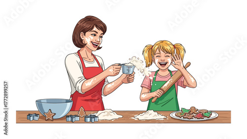 Baking Joy: A mother and daughter share a heartwarming moment of baking together, as the scent of fresh cookies fills the air, creating a cherished memory.