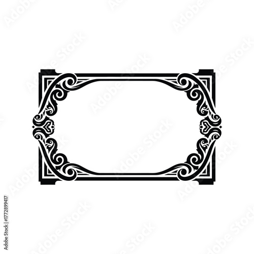 An ornate black frame with swirling decorative elements and a blank center