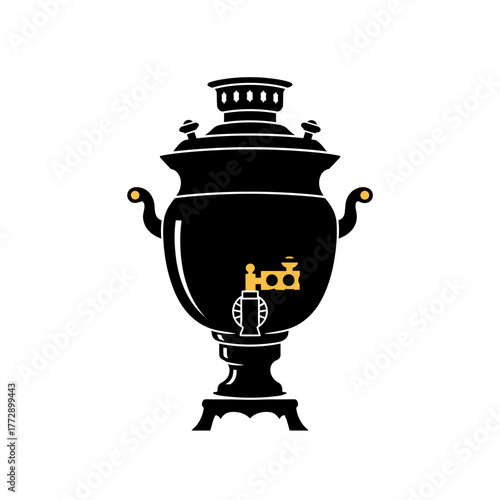 Traditional Russian samovar in black and gold design  