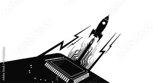 Futuristic rocket launching from a computer chip, symbolizing rapid technological advancement and innovation.