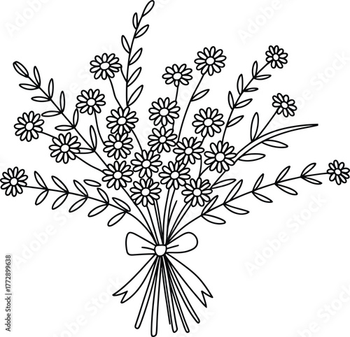 Delicate hand drawn outline bouquet of wildflowers tied with a ribbon