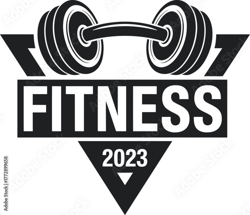 Retro style dumbbell emblem with fitness text and year 2023