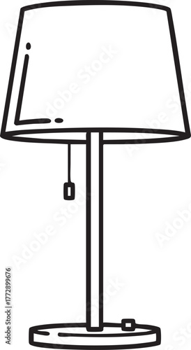 Adobe Illustrator Artwork Modern table lamp vector illustration, minimalist black line art home lighting design, simple bedside lamp icon isolated on white background for interior decor