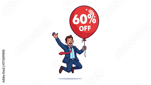 Deal Delight: A cheerful individual leaps with joy, clutching a vibrant red balloon advertising a 60% discount, embodying excitement and great offers.
