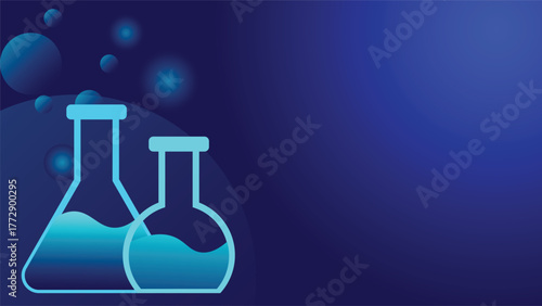 Modern science background featuring glowing blue laboratory flasks on dark gradient surface ideal for research medical education and chemistry themed creative projects and designs