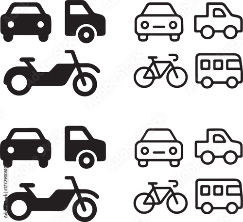 Isolated vehicles icon set, cars trucks bikes transport mobility icons, editable vehicles vector art, automotive and driving icons for transport buyers