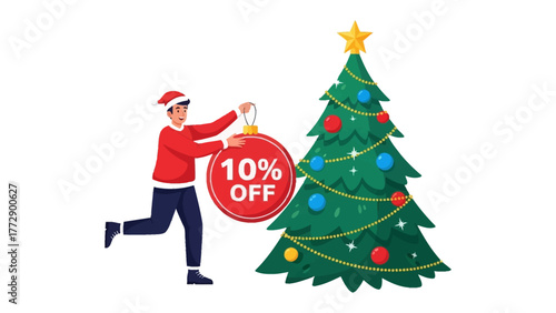 Christmas Sale Ornament: A festive scene unfolds as a cheerful individual decorates a Christmas tree with a promotional ornament, advertising a 10% discount, bringing the holiday spirit to life.