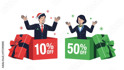 Holiday Deals Unboxed: Festive figures emerge from colorful gift boxes, showcasing enticing discounts for a special occasion.