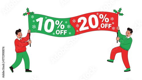 Festive Sale Promotion: Two individuals proudly display festive banners offering enticing discounts, creating a visually appealing scene of holiday shopping and savings.