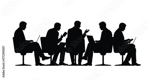 business people having a meeting men and women business meeting on a table vector silhouettes
