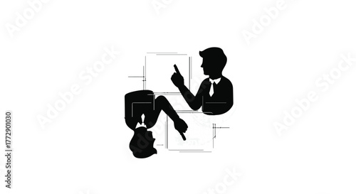 Two silhouetted figures collaborate on a whiteboard, pointing to ideas and concepts.