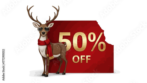 Festive Deal: A cheerful reindeer, adorned with a cozy scarf, stands proudly beside a striking sale banner showcasing a tempting 50% discount.
