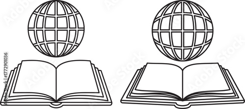 Two open books beneath globes silhouette