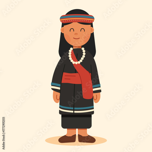 Flat cartoon illustration of a tribal woman in traditional dress. Ethnic and cultural character concept in minimal flat design, perfect for diversity and heritage themes.
