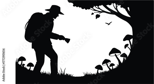 Adventurous hiker with backpack discovers magical glowing mushrooms in a dark forest.